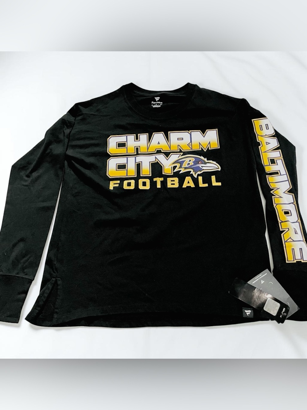 Fanaticse NWT Baltimore “Charm City Football” Black Long Sleeve Shirt.   SIZE S